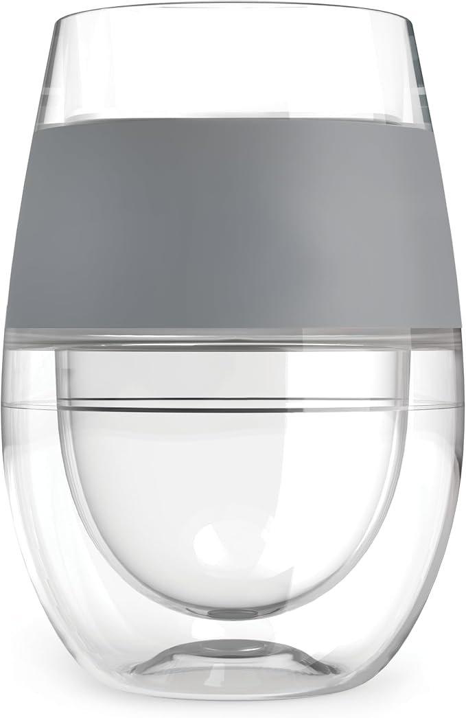 HOST Cooling Cup Plastic Double Wall Insulated Freezable Drink Chilling Tumbler with Freezing Gel Wine Glasses for Red and White Wine, 8.5 oz, Grey Set of 1