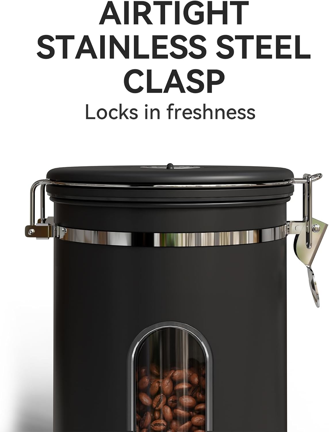 Veken Coffee Canister with Window,Airtight Stainless Steel Container,Home Kitchen Food Storage Organizers for Grounds,Beans,Espresso,Rice,Tea,Sugar,Cereal, Flour,Scoop,Bar Accessories,Gifts,22OZ,Black