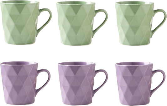 11 Ounce Porcelain Mugs, Set of 6, Tea and Cocoa Mug Set, 3 Matcha Green, 3Purple, Matte