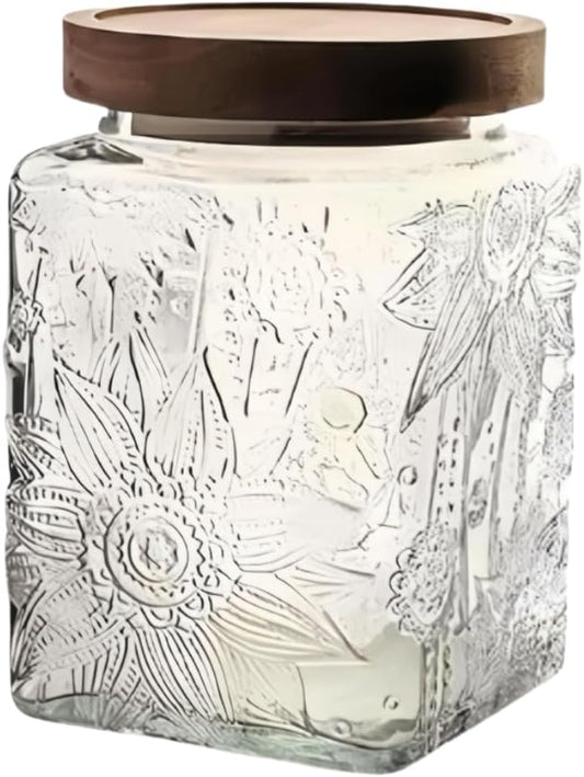 Vintage Glass Jar, 25.3 FL OZ Square Food Storage Container, Glass Canister with Wooden Lid, Decorative Jar for Home Kitchen Coffee, Tea, Candy, Sugar Jar