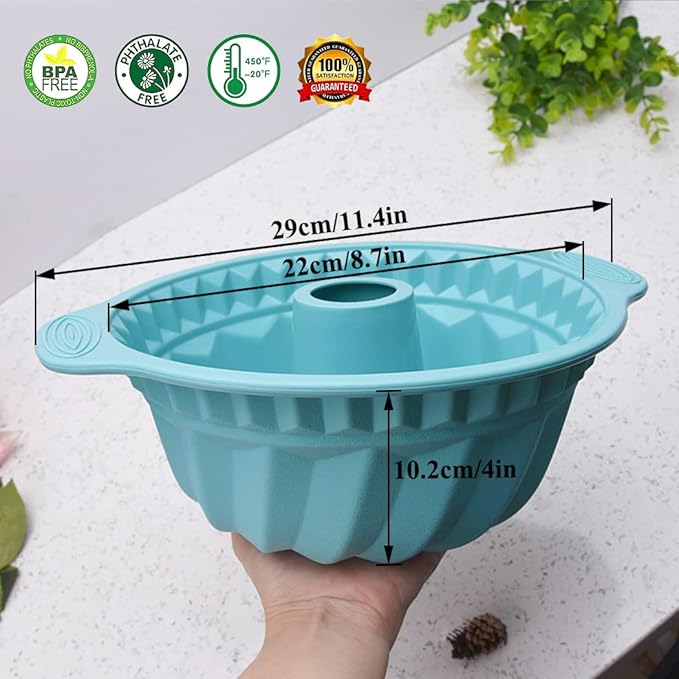 Kenond 2 PCS 9.5 Inch Silicone Cake Pans, Non-stick Fluted Cake Pan with Sturdy Handle, Cake Baking Molds, Perfect Bakeware for Cake, Jello, Gelatin, Bread, Para Gelatinas (Blue)