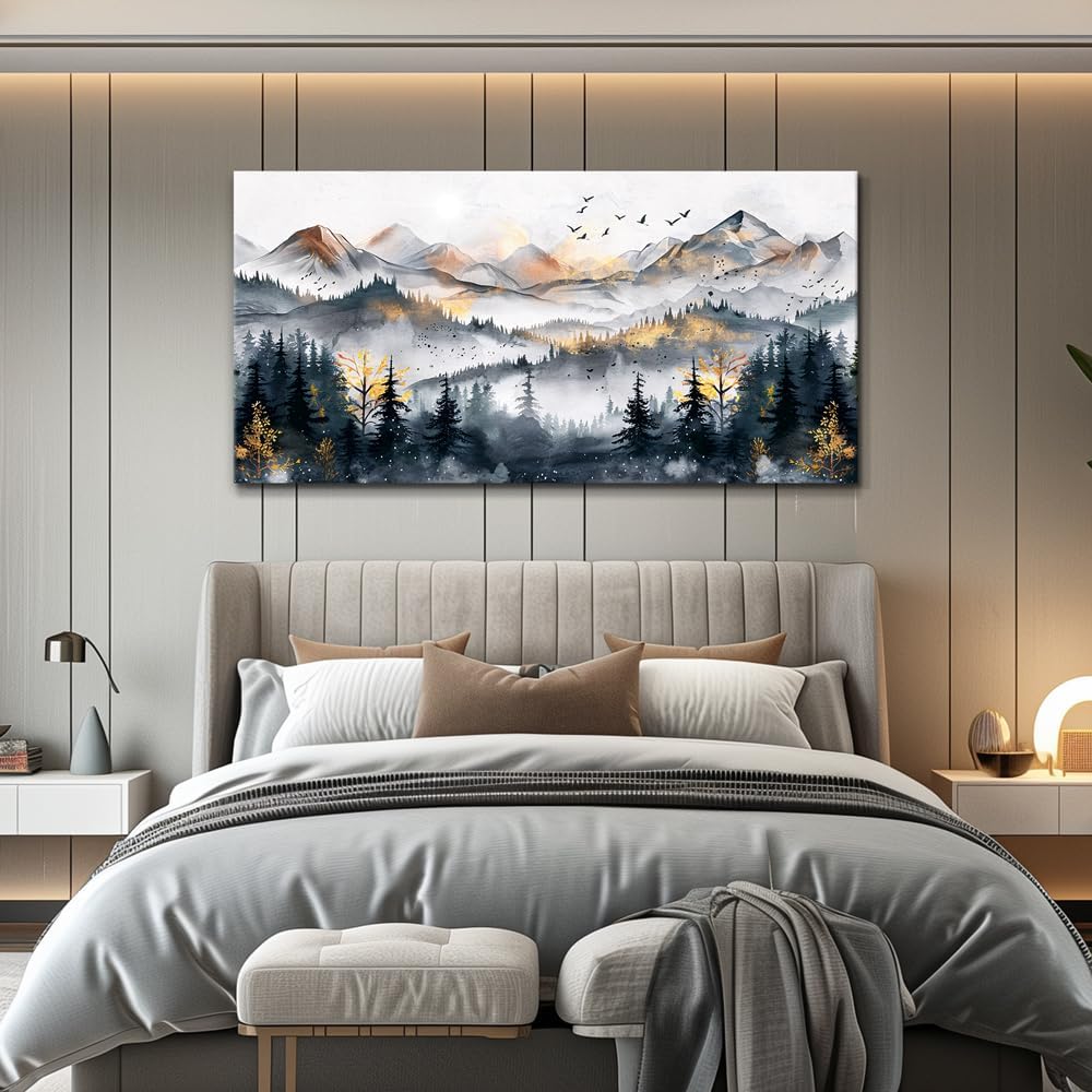 KELIYUAN Abstract Wall Decor For Bedroom Canvas Wall Art For Living Room Office Decoration Ink Mountain Landscapes Painting Misty Forest Wall Artwork Ready To Hang Room Home Decor 20"x40"