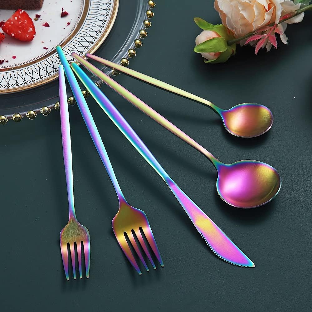 Matte Rainbow Flatware Set 20 Pieces, Stainless Steel Colorful Silverware Set, Titanium Plating Matte Rainbow Cutlery Set, Matte Rainbow Utensil Sets, Service Set for 4 (Matte Rainbow)