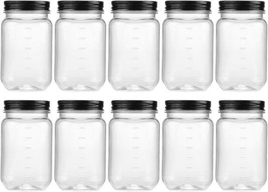 novelinks 16 oz Clear Plastic Jars with Screw-On Lids - BPA-Free Refillable Storage Containers for Slime, Food, Crafts, Kitchen & Household Use (10 Pack,Black)
