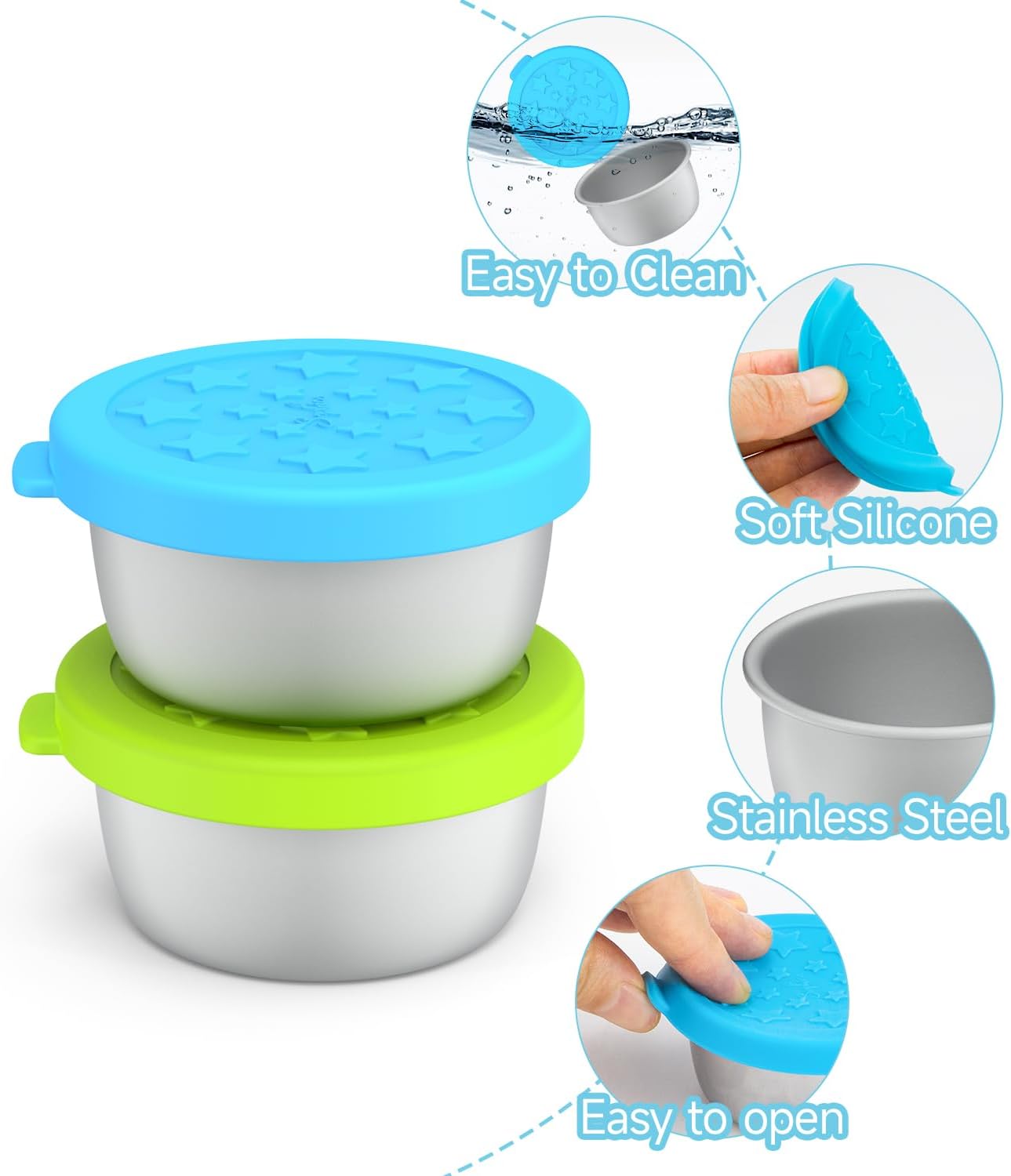 Stainless Steel Condiment Containers with Leakproof Food-grade Silicone Lids, Portion Bento Box and Mini Sauce Container of Kids Lunch to Go for Snack, Dessert, Souffle, Salad Dressing (MIX, 6 Pack)