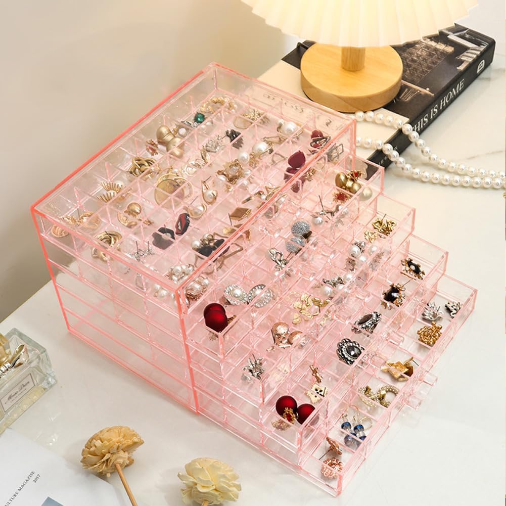 Earring Storage Box Organizer, Acrylic Jewelry Storage Box Holder 5 Drawers Transparent Jewelry Display Stand with 120 Small Compartments Gift Boxes for Women Girls (Clear Pink)