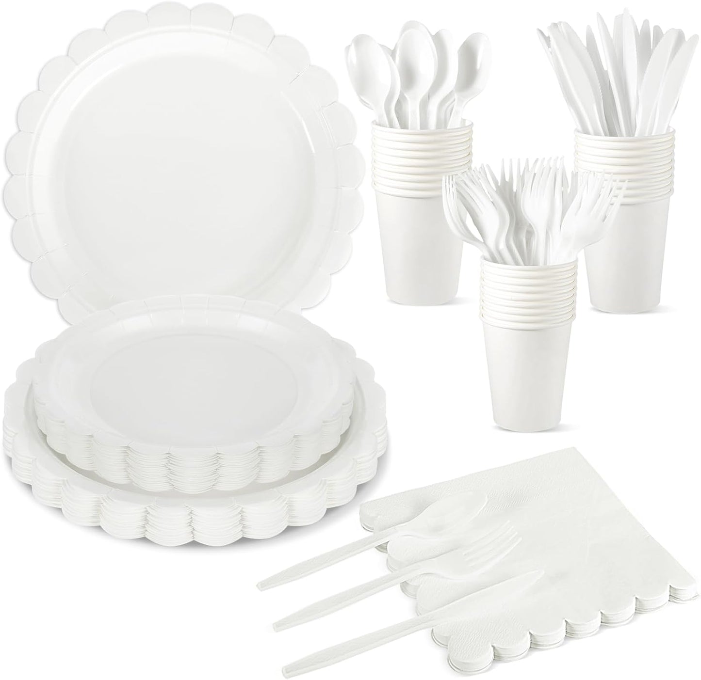 175 Pcs White Paper Plates and Napkins, 25 Guest White Party Supplies Include Scalloped Plates Paper Napkin Cup Plastic Spoon Fork Knive for Baby Shower, Wedding, Birthday