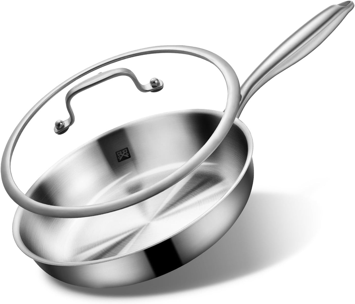 GOLDEN KEY 10 inch Tri-Ply Stainless Steel Pan,Stainless Steel Skillet with Lid,Frying Pan with Lid Compatible with All Cooktops Up to 600,Dishwasher Safe