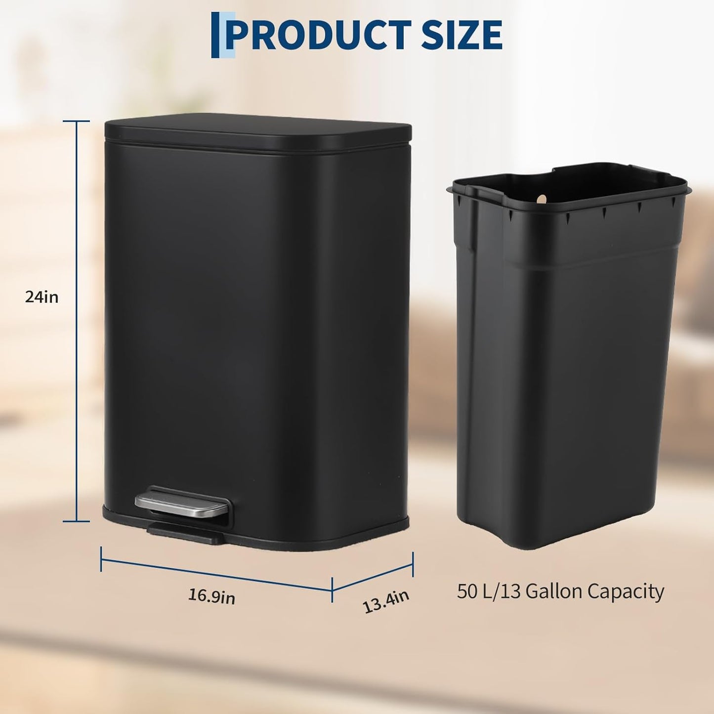 Garvee 13.2 Gallon Trash Can for Kitchen, Stainless Steel Step Trash Can with Soft-Close Lid & Removable Inner Bucket, Rectangular Garbage Can for Office Bathroom Living Room, Black