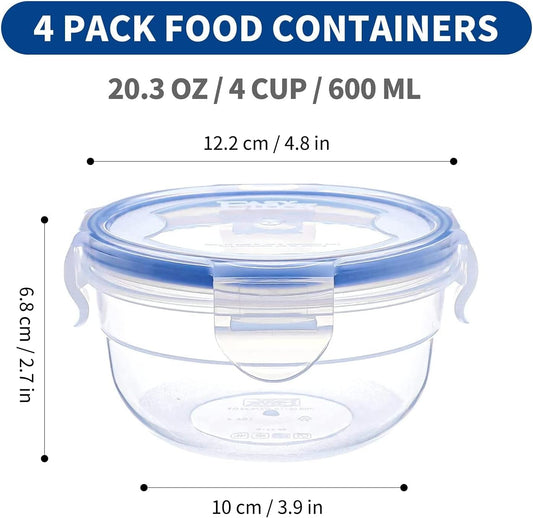 KIGI 4 PACK 20oz Plastic Round Bowls with Lid Leakproof Food Storage Container Set Small Meal Prep Containers Bento Box