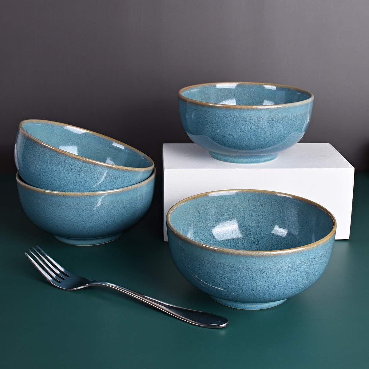 Bosmarlin Ceramic Soup Bowl Set of 4, 24 Oz, Cereal Bowl for Oatmeal, Dishwasher and Microwave Safe (5.75 Inches, Lake Blue)