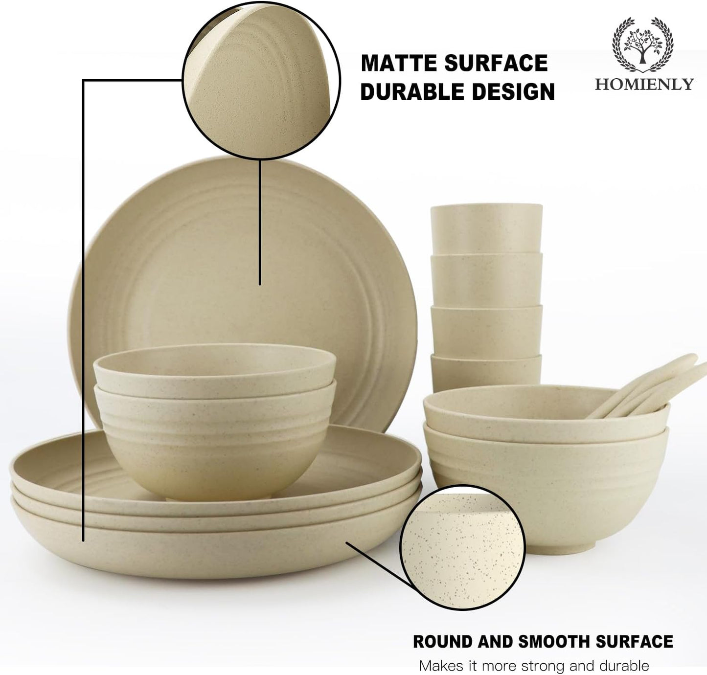 Homienly Wheat Straw Dinnerware Sets, 20pcs Lightweight Unbreakable Dinnerware, Microwave Dishwasher Safe Bowls Cups Forks Spoons set,Perfect for Camping Outdoor, Beige