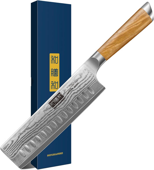 HOSHANHO Damascus Nakiri Knife 6.5 Inch, Super Sharp Damascus 10Cr15CoMoV Japanese Kitchen Knife, Cleaver and Vegetable Knife with Ergonomic Olive Wood Handle