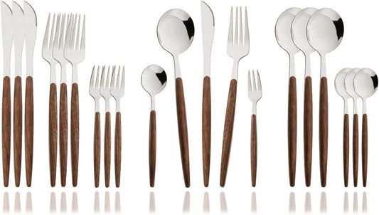 JASHII Wood Handle Flatware Set, 20 Pieces Stainless Steel Silverware Cutlery Set, Mirror Polished, Knife Fork Spoon Set, Dishwasher Safe - Pointed Head Silver