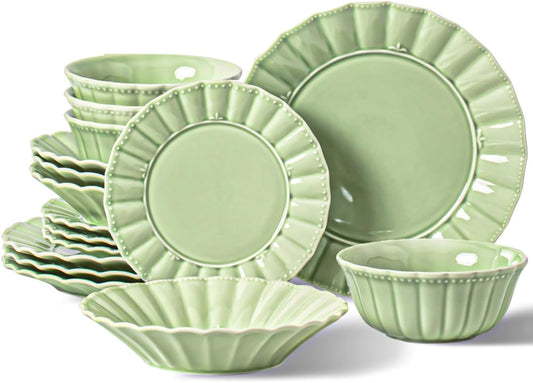Dinnerware set, 16 Piece plates and bowls sets for 4, Ceramic Mordern dish set for party, Porcelain dish set, House gift, Microwavable safe, Mint Glow Green