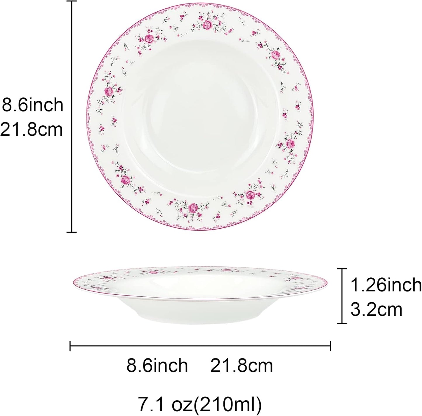 fanquare 8 Inch Porcelain Soup Bowls Set of 4, Round Pasta Plates Set for Salad, Dessert, Snack, Pink Roses