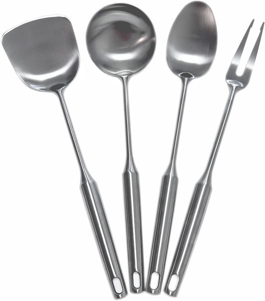 304 Stainless Steel Cooking Utensils Set 4 Piece 15 Inch Large Size Metal Kitchen Utensils Set Including Spatula,Ladle,Serving Spoon,Meat Fork,Stainless Steel Cooking Tools