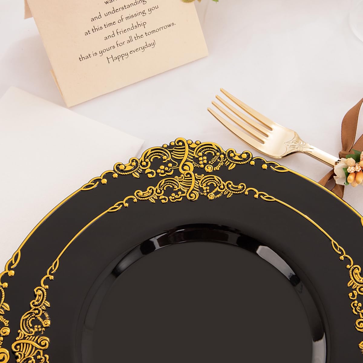 Hioasis 350pcs Black and Gold Plastic Plates - Diposable Dinnerware Set Suitable for 50 Guests Include 10.25" Dinner & 7.5" Dessert Plates, Pre Rolled Silverware Set, Cups for Party & Halloween