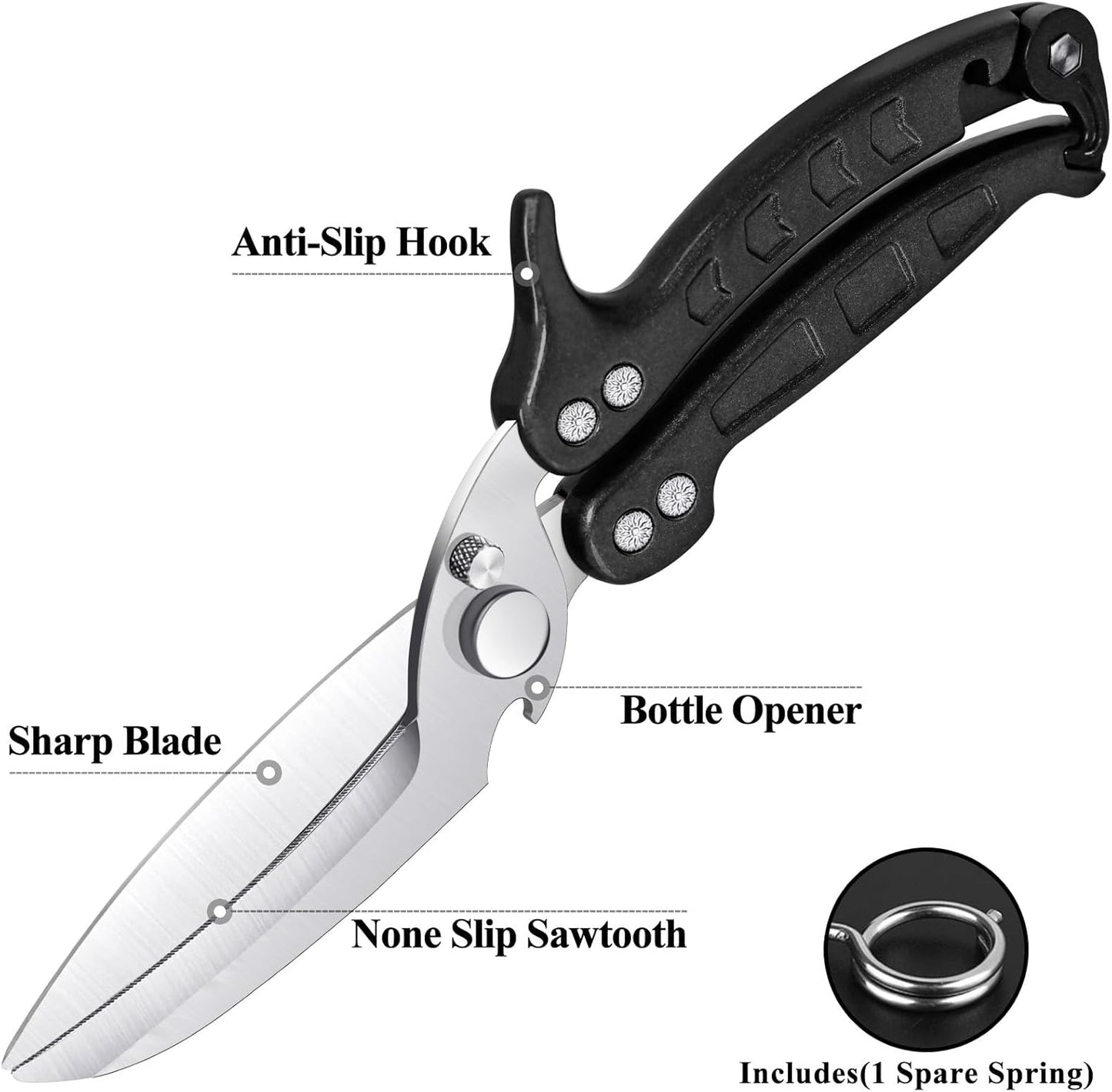 Heavy Duty Kitchen Shears, Detachable Poultry Shears with Serrated Edge, Spring-Loaded Stainless Steel Chef Scissors Cutting Bone, Chicken, Fish, Food, Meat, Black Full Steel Handle