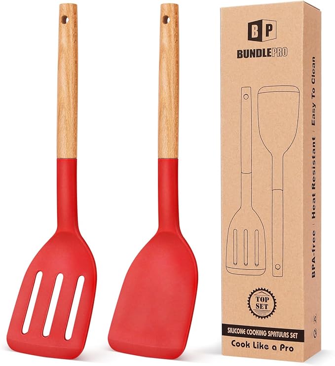 Pack of 2 Silicone Cooking Spatula, Heat Resistant Solid Turner, Non Stick Slotted Spatulas with Wooden Handle,Ideal Wood Kitchen Utensils Set for Frying, Baking, Flipping, Turning (RED)
