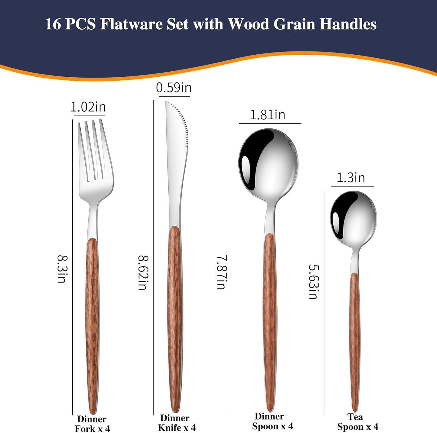 16 PCS Silverware Set for 4,Stainless Steel Flatware Cutlery Eating Utensils Set with Wood Grain Handle,Steak Knives Forks and Spoons for Home,Party,Mirror Polished and Dishwasher Safe