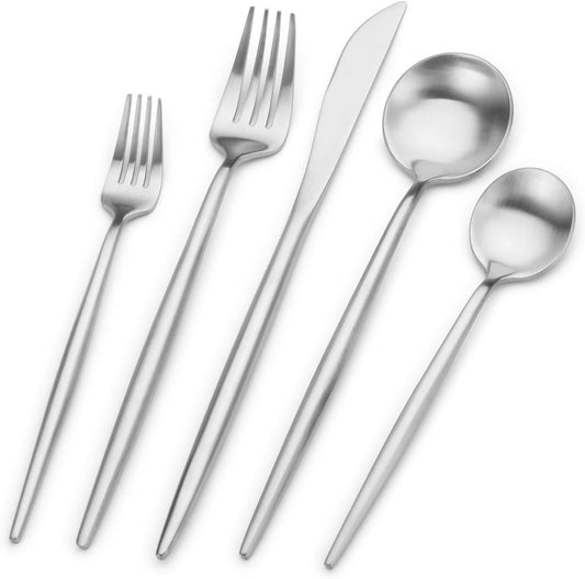 Matte Silver Silverware Set, Stainless Steel Satin Finish, Flatware Cutlery Set for 4, 20-Piece Spoons and Forks Kitchen Utensil Set, Dishwasher Safe (Matte Silver, 20 P)