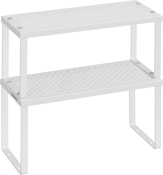 SONGMICS Spice Racks, Set of 2 Metal Cabinet Shelf Organizers, Countertop Organizers, Shelf Risers, Stackable, Expandable, White UKCS003W01