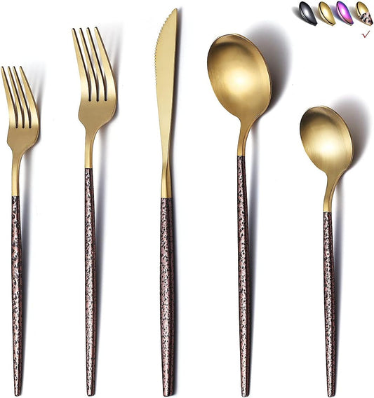 Silverware 20 Pieces, Moon Surface Handle and Matte Gold Head Flatware, Stainless Steel Cutlery Set, Utensils, Service for 4