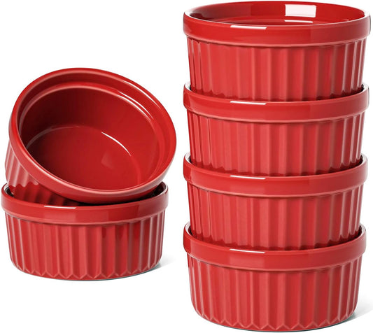 LE TAUCI Ramekins 4 OZ Oven Safe, Creme Brulee Ramekins, Pudding Custard Cups Souffle Ramiken, Dipping Sauce Dishes, Ceramic Ramekin Bowls Set of 6, True Red