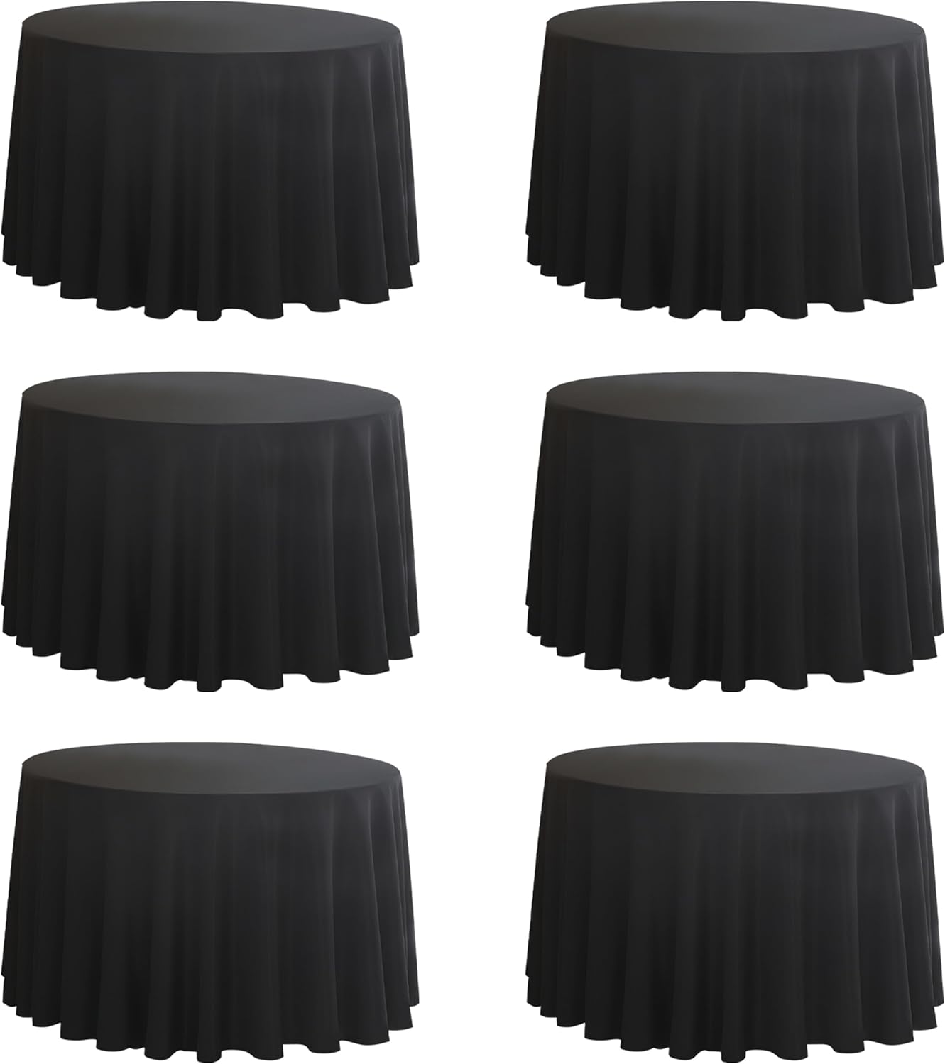 6-Pack Round 108-inch Black Table Cloths, Solid Stain and Wrinkle Resistant Circular Tablecloth, Premium Plain Weave Polyester Fabric Table Linen Covers for Hotel, Banquet