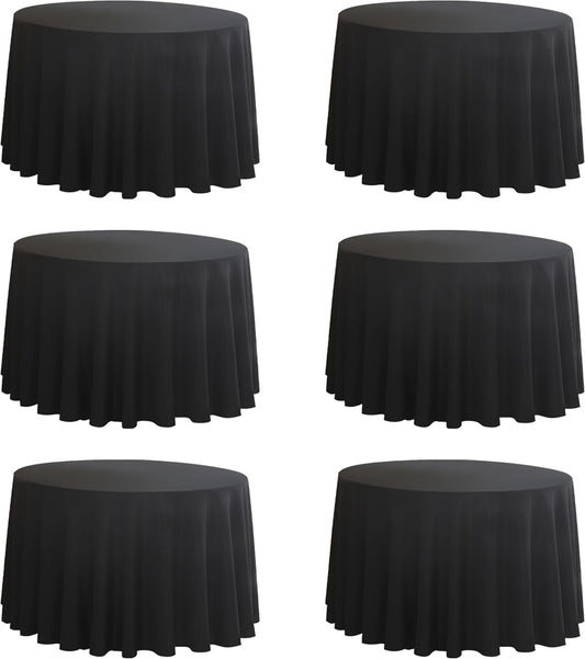 6-Pack Round 120-inch Black Table Cloths, Solid Stain and Wrinkle Resistant Circular Tablecloth, Premium Plain Weave Polyester Fabric Table Linen Covers for Hotel, Banquet
