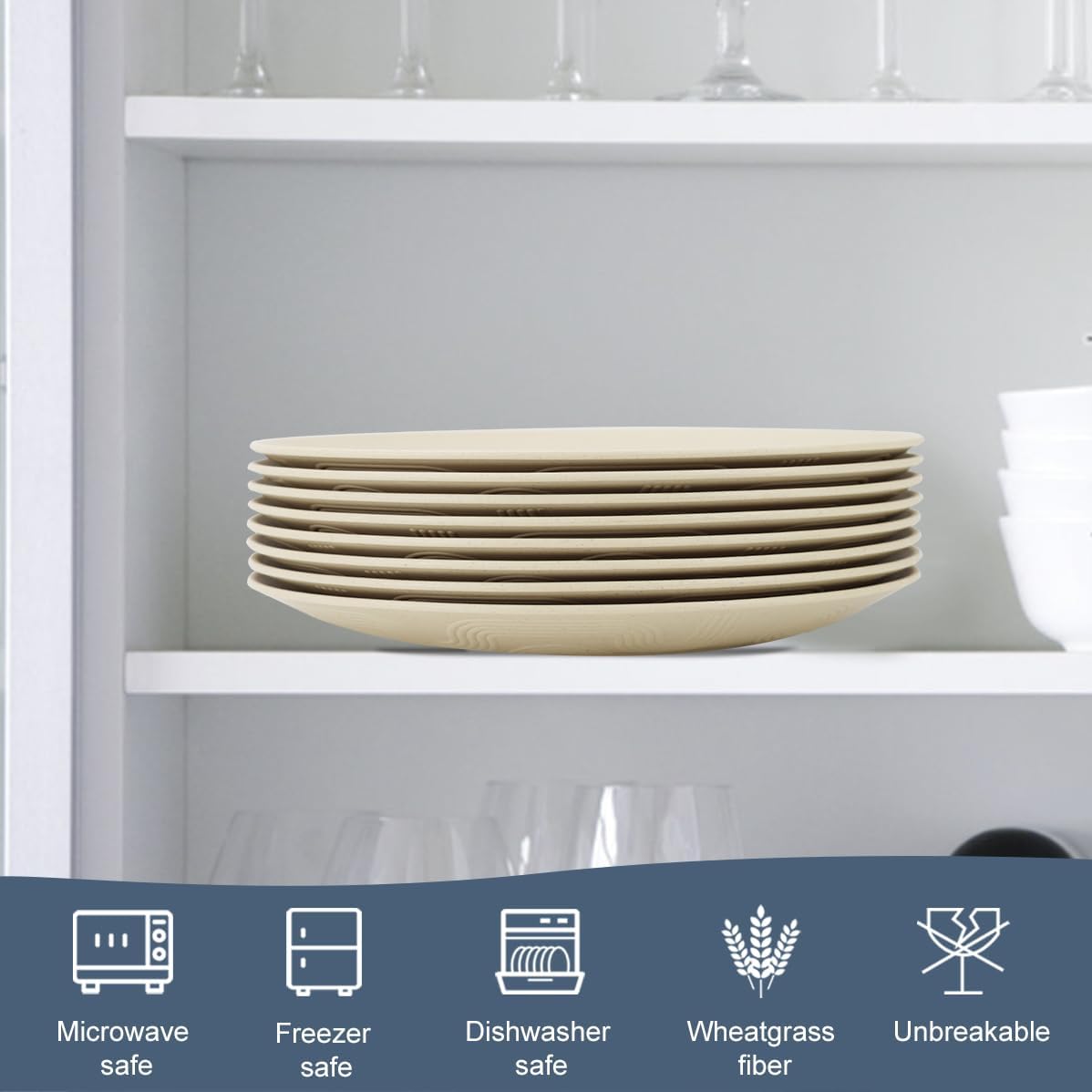 Wheat Straw Dinner Plates Set of 8 - Alternative to Plastic - Microwave & Dishwasher Safe - Unbreakable - For Kitchen, Camping, Salad, Appetizer (Beige, 10 inch)