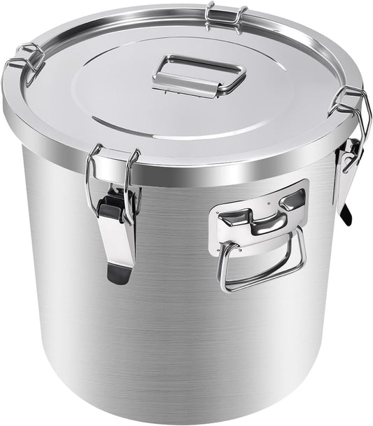 304 Stainless Steel Airtight Canister, 25lb Rice Storage Container 16L/4.2 Gal Metal Cereal Bucket Storage with Lids and 4 Locking Clamp for Bean Flour Oil Sugar Milk Coffee Canister