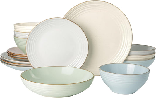 Famiware Jupiter Dinnerware Set with Pasta Bowl, Plates and Double Bowls Dish Sets for 4 (16 Pieces), Microwave and Dishwasher Safe, Chip and Scratch Resistant, Multi-color