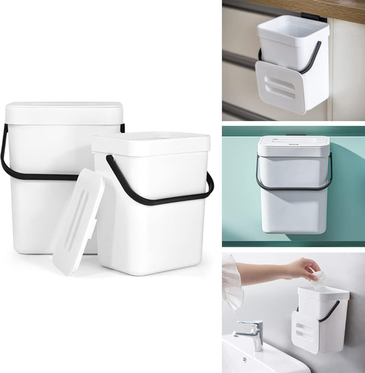 Domiella 2 Pack Hanging Small Trash Can with Lid (1.3 + 0.8 Gal), Kitchen Compost Bin for Countertop or Under Sink, Mountable Food Waste Bin for Cabinet, Bathroom, or RV Use (White)