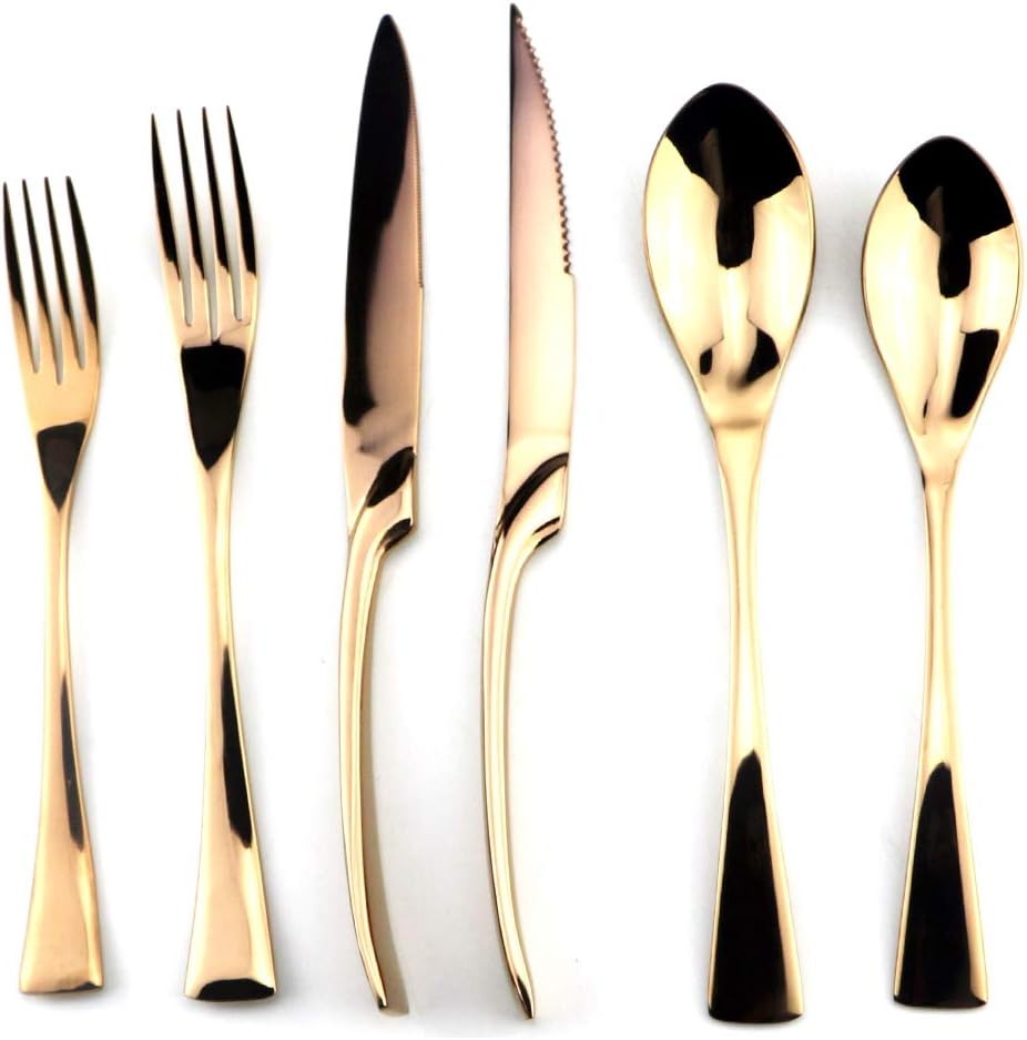 Rose Gold Stainless Steel Mirror Polished Flatware Set, Steak Knife Dinnerware Knife Fork Salad Fork Dessert Spoon 6-piece, Service for 1