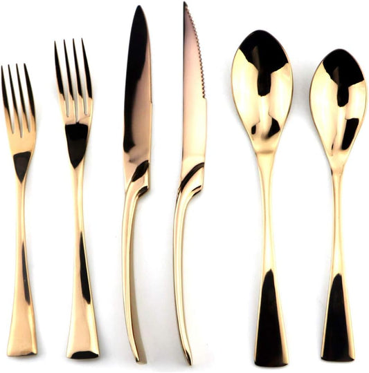 Rose Gold Stainless Steel Mirror Polished Flatware Set, Steak Knife Dinnerware Knife Fork Salad Fork Dessert Spoon 6-piece, Service for 1