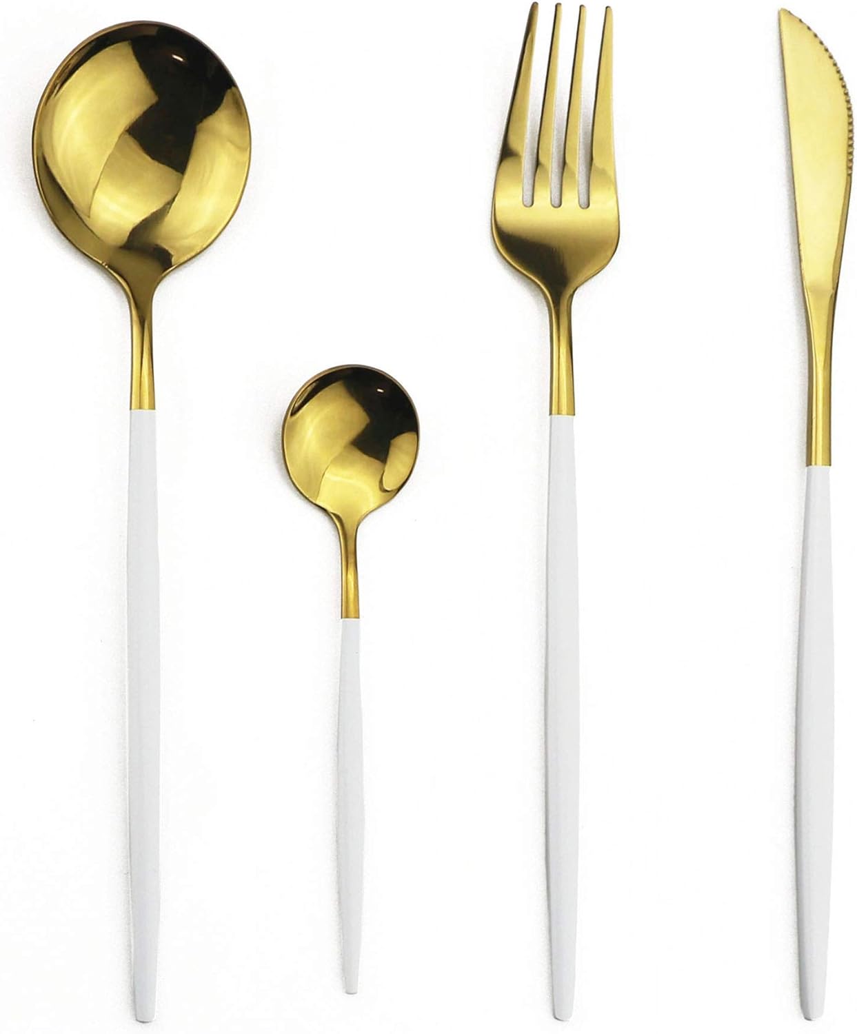 24-Piece Flatware Set, 18/0 Stainless Steel Knife Fork Spoon Teaspoon Silverware Set, Service for 6, White Handle Gold