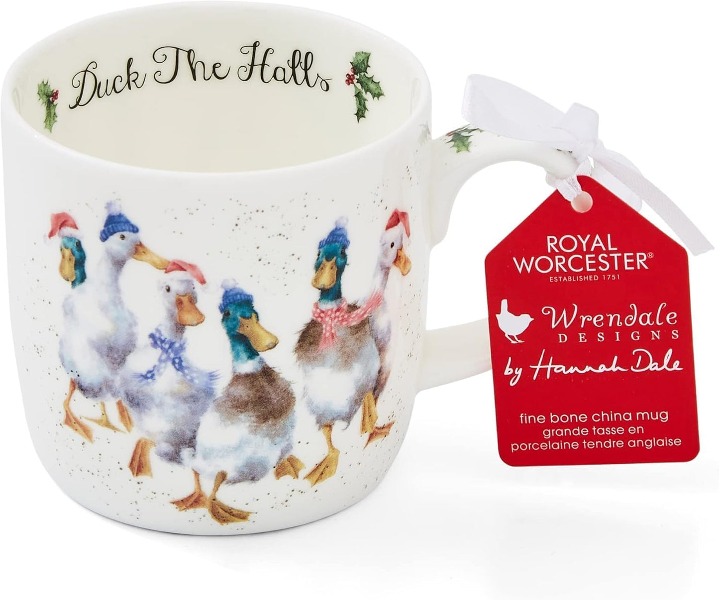 Royal Worcester 14 Oz Duck The Halls Christmas Mug with Duck Design - Fine Bone China Winter Holiday Coffee Mug, Microwave & Dishwasher Safe, Wrendale Designs Festive Holiday Tableware
