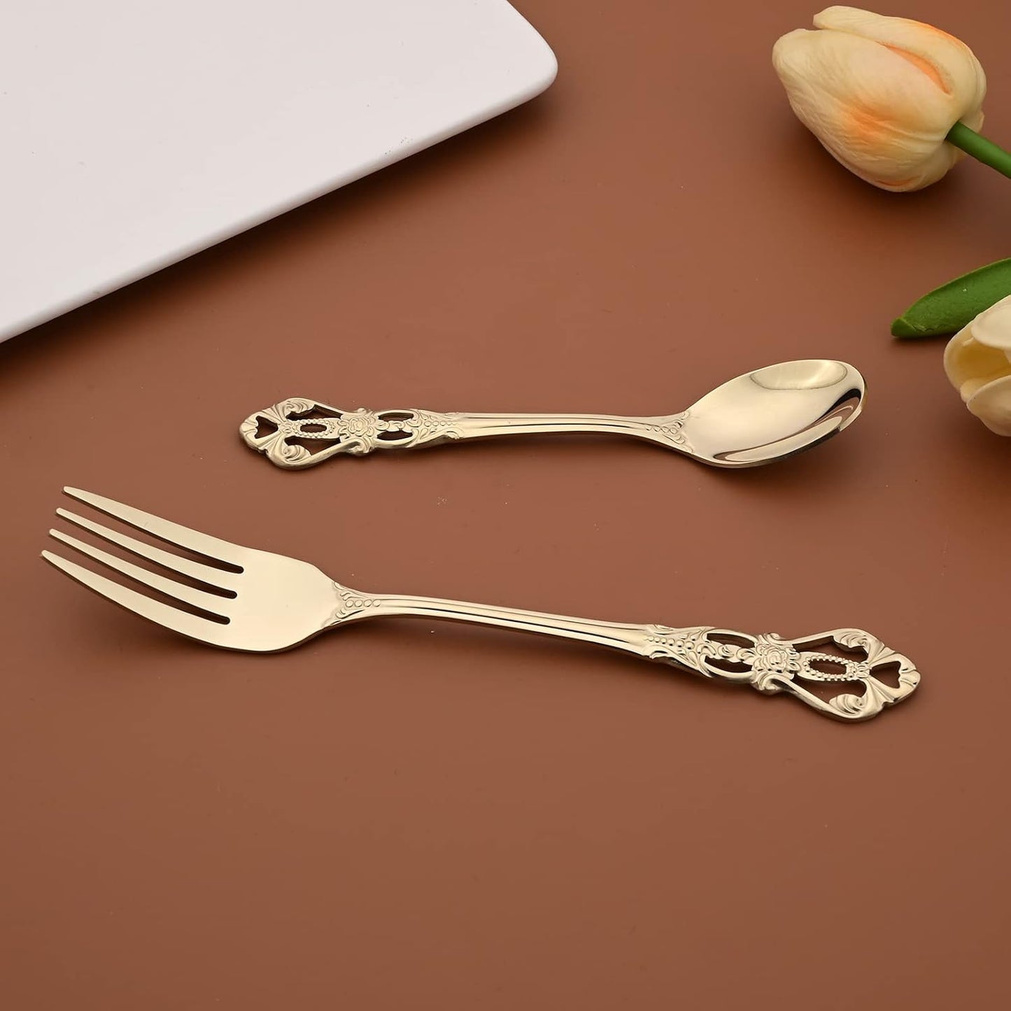 Royal 24-piece Mirror Champagne Gold Silverware Dinnerware, 18/10 Stainless Steel Luxury Flatware Service For 6 Include Knives/Forks/Spoons/Teaspoons, Dishwasher Safe