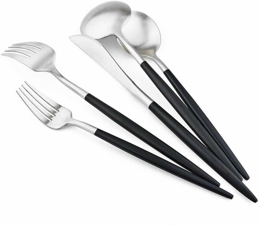 Gugrida Luxury Flatware, Royal 20 Piece Matte Black Handle 18/10 Stainless Steel Tableware Sets for 4 Including Forks Spoons Knives, Camping Silverware Travel Utensils Set Cutlery (Black Silver)