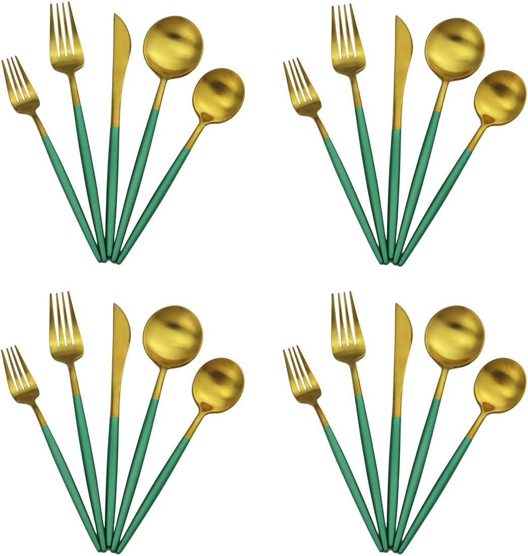 Gugrida 20-Piece 18/10 Stainless Steel Flatware Silverware, Luxury Dinnerware Set Travel Cutlery Tableware Include Knife Fork Spoon Service for 4, Dishwasher Safe (Green Handle Matte Gold)