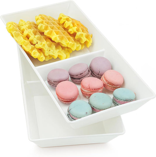 Divided Serving Tray Platter, 2 Pack 10" x 5" Fruit Veggie Food Tray for Party, Plastic Serving Trays for Appetizer, Snack, Dessert, Cookie, Brunch Decorations Platters, White Trays BPA-Free