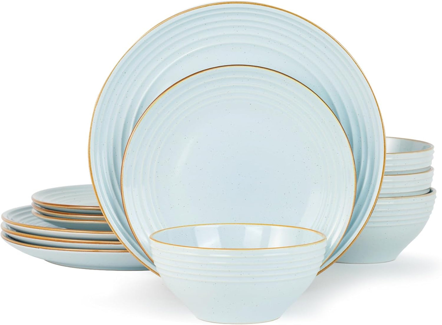 Famiware Jupiter Dinnerware Set, Plates and Bowls Dish Sets for 4 (12 Pieces), Microwave and Dishwasher Safe Stoneware Speckled Tableware, Chip and Scratch Resistant, Light Blue
