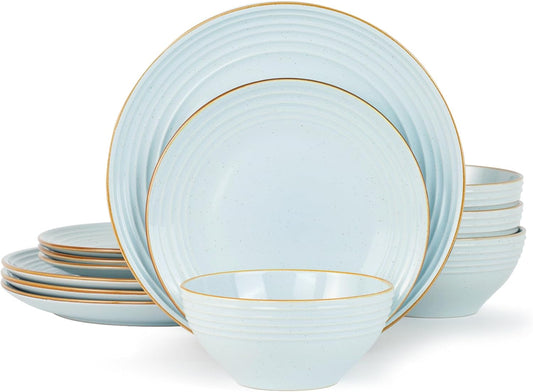 Famiware Jupiter Dinnerware Set, Plates and Bowls Dish Sets for 4 (12 Pieces), Microwave and Dishwasher Safe Stoneware Speckled Tableware, Chip and Scratch Resistant, Light Blue