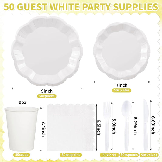 350 Pcs White Party Supplies Include Scalloped Plate Napkin Cup Forks Knives, Plastic Cutlery 50 Guest Disposable Parties Tableware Set for Wedding Baby Shower Bridal Shower Birthday Party