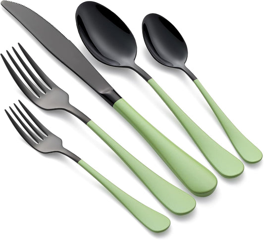 20-Pieces Green and Black Silverware Sets for 4,Green Handle Stainless Steel Cutlery Set, Include Forks Spoons and Knives Set, Dishwasher Safe Utensil Sets for Home Restaurant
