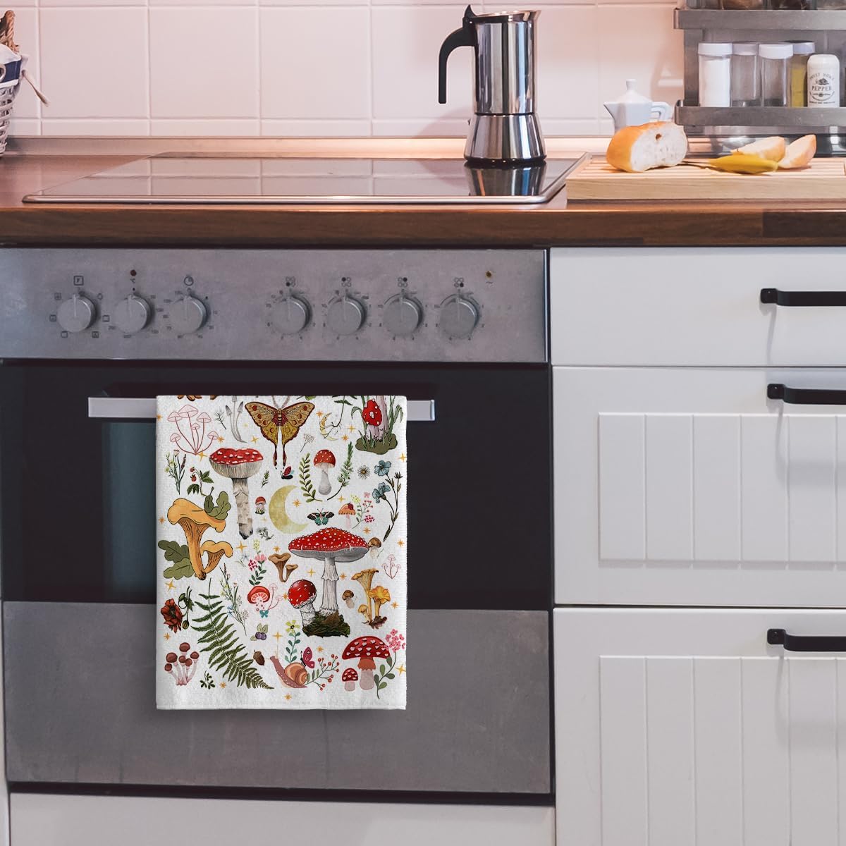 Cukemip Mushroom Decorative Kitchen Towels Aesthetic, Absorbent Beige Witchy Dish Towels Hand Towels Tea Towels for Kitchen Cooking Baking,Moth Gothic Witchy Gifts for Women