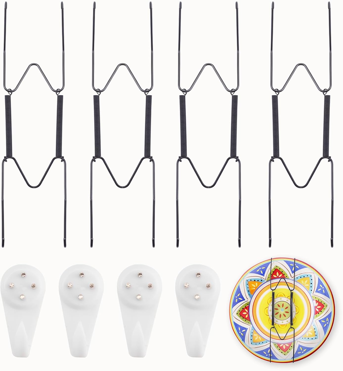 4 Pack Plate Hangers for The Wall Suitable for 8-10 inch Small Decorative Plate, Invisible Stainless Steel Plate Hangers for Display with Wall Hooks, for Plates/Platter/Dish/Picture(Black)