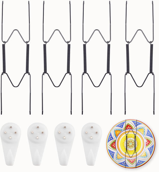 4 Pack Plate Hangers for The Wall Suitable for 8-10 inch Small Decorative Plate, Invisible Stainless Steel Plate Hangers for Display with Wall Hooks, for Plates/Platter/Dish/Picture(Black)